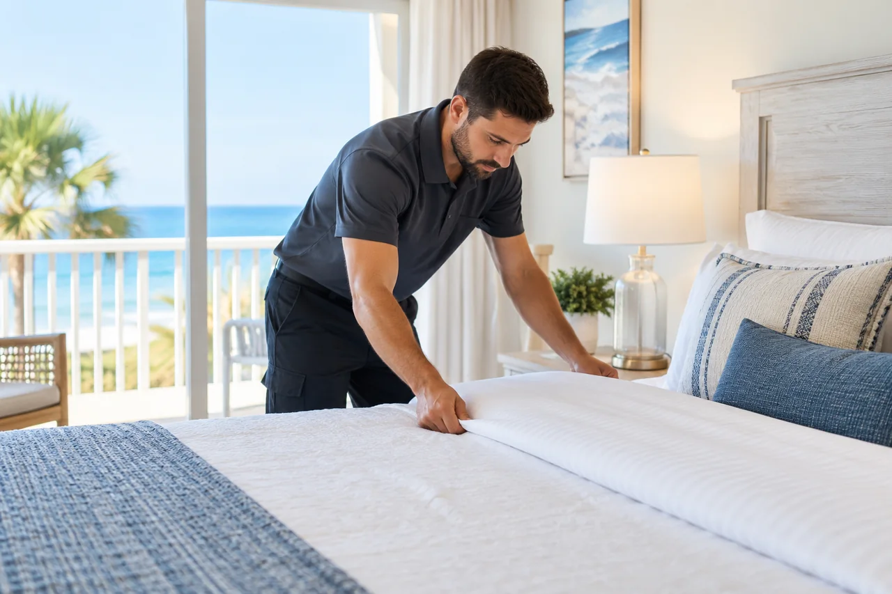 Man making a bed in a coastal bedroom