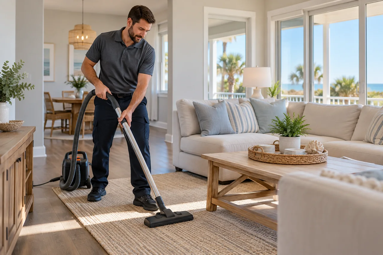 Man vacuuming a furnished coastal living room