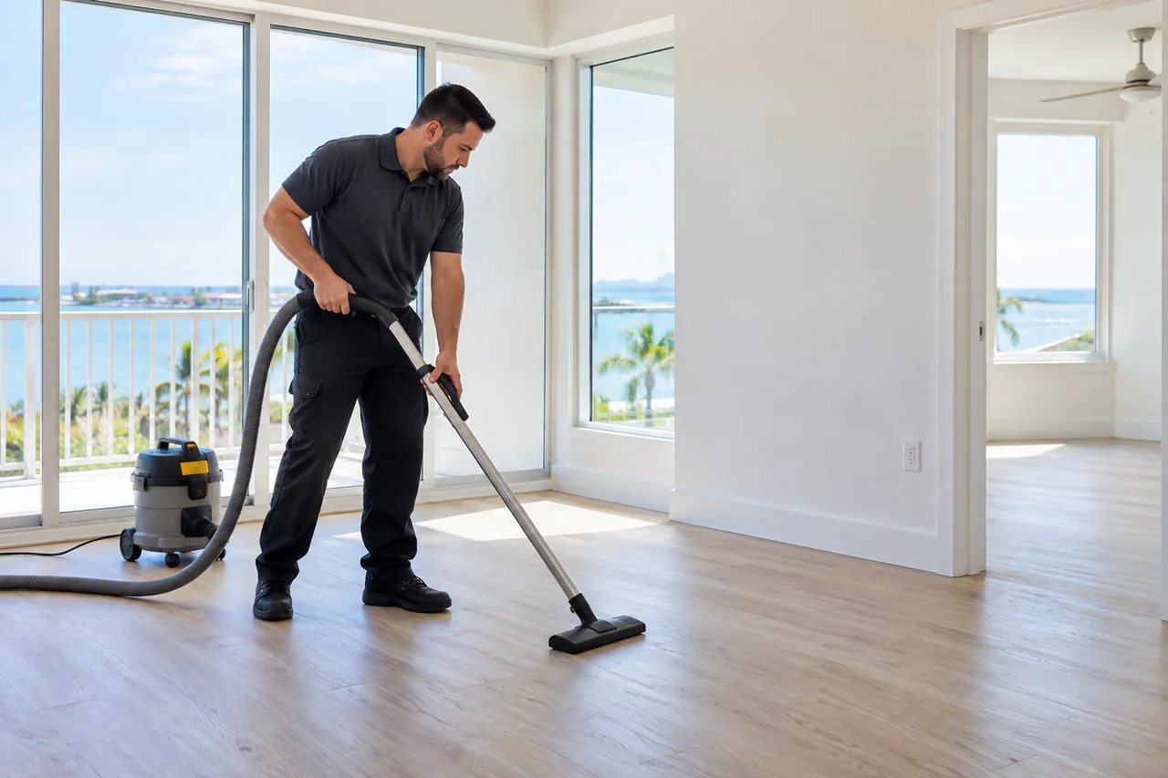 Man vacuuming an empty waterfront condo