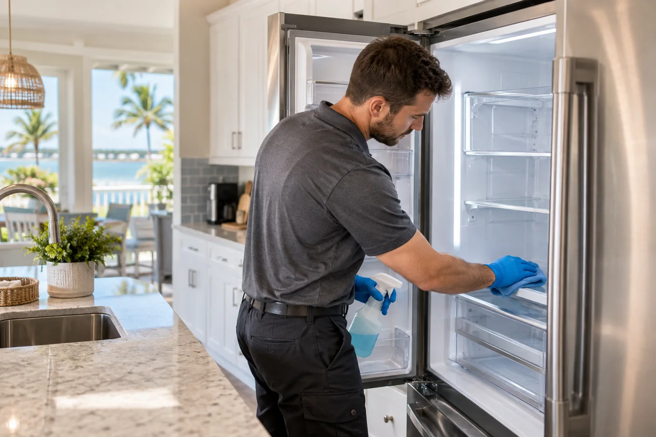Man wiping the inside of a refrigerator