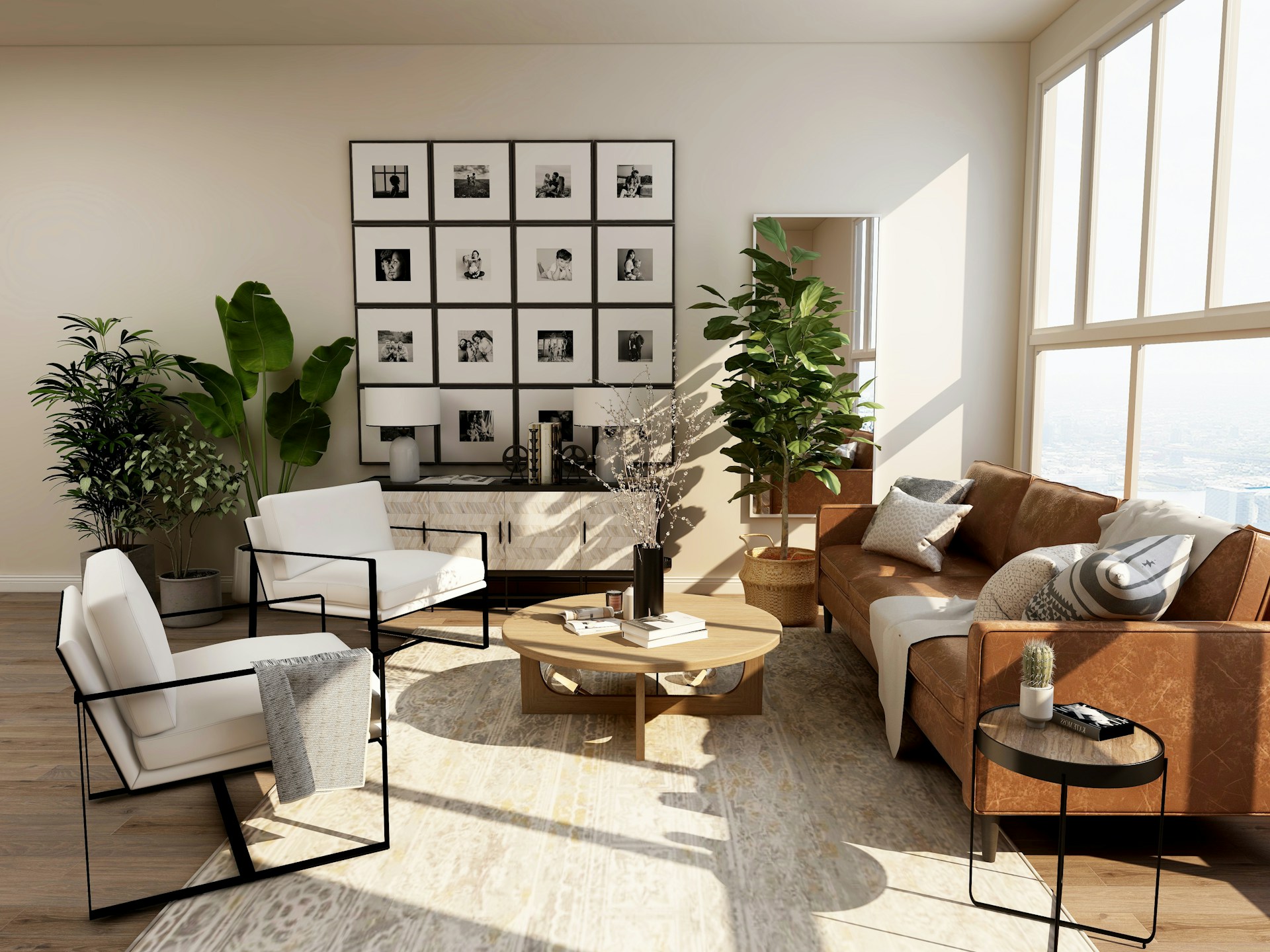 A sunlit living room with clean floors, seating, and tropical plants