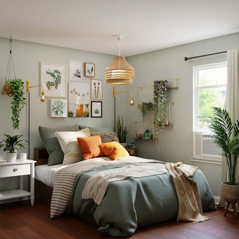 A made bed in a bright bedroom with plants and a woven pendant light
